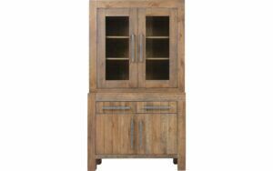 Afbeelding van een Goossens Buffetkast Roots, 2 glasdeuren 2 dichte deuren 2 laden, donkergrijs eiken, 120 x 210 x 45 cm, stijlvol landelijk