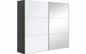 Afbeelding van een Goossens Kledingkast Easy Storage Sdk, 253 cm breed, 220 cm hoog, 1x 3 paneel glas schuifdeur li en 1x 3 paneel spiegel schuifdeur re
