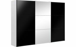 Afbeelding van een Goossens Kledingkast Easy Storage Sdk, 303 cm breed, 220 cm hoog, 2x 3 paneel glas schuifdeuren en 1x 3 paneel spiegel schuifdeur midden