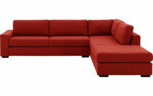 Afbeelding van een Goossens Bank Lucca rood, stof, 3-zits, stijlvol landelijk met ligelement rechts