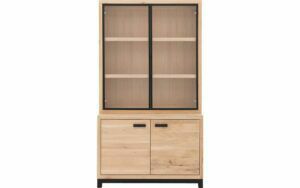 Afbeelding van een Goossens Buffetkast Sans, 2 glasdeuren 2 dichte deuren, blank eiken, 118 x 210 x 45 cm, urban industrieel