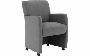 Afbeelding van een Goossens Eetkamerstoel Alex grijs stof met armleuning en met wielen, stijlvol landelijk
