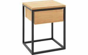 Afbeelding van een Goossens Nachtkastje Lord, Metaal ral 9005 zwart, met lade en bovenblad massief eik, 40 x 35 x 57 cm hoog