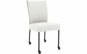 Afbeelding van een Goossens Eetkamerstoel Funk Zwarte Poten wit leer leuning en Zwart skater wiel met zwarte kapmet wielen, modern design