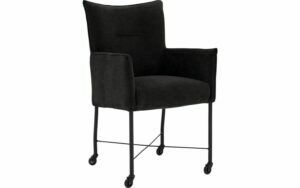 Afbeelding van een Goossens Eetkamerstoel Erik antraciet stof met armleuning en met wielenmet skaterwielen, modern design