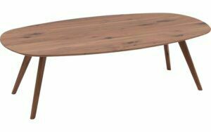 Afbeelding van een Goossens Salontafel Ferry semi ovaal, noten roodbruin, elegant chic, 135 x 36 x 75 cm