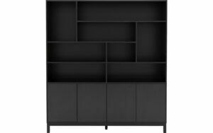 Afbeelding van een Goossens Buffetkast Valencia, 4 dichte deuren 8 open vakken, zwart melamine, 184 x 203 x 45 cm, elegant chic
