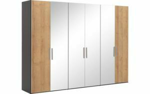 Afbeelding van een Goossens Kledingkast Easy Storage Ddk, Kledingkast 304 cm breed, 220 cm hoog, 2x draaideur en 4x spiegel draaideur midden