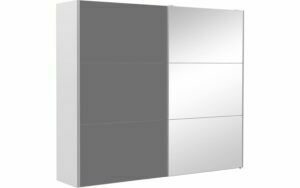 Afbeelding van een Goossens Kledingkast Easy Storage Sdk, 253 cm breed, 220 cm hoog, 1x 3 paneel glas schuifdeur li en 1x 3 paneel spiegel schuifdeur re