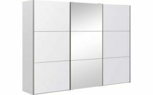 Afbeelding van een Goossens Kledingkast Easy Storage Sdk, 303 cm breed, 220 cm hoog, 2x 3 paneel glas schuifdeuren en 1x 3 paneel spiegel schuifdeur midden