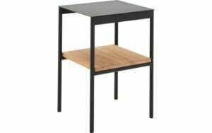 Afbeelding van een Goossens Nachtkastje Duc, Metaal ral 9005 zwart, tussenblad massief eik, 36,5 x 33,5 x 56 cm hoog