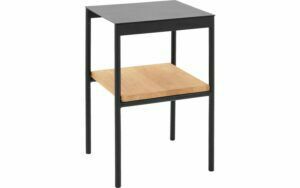 Afbeelding van een Goossens Nachtkastje Duc, Metaal ral 9005 zwart, tussenblad massief eik, 36,5 x 33,5 x 56 cm hoog