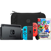 Afbeelding van een Nintendo Switch Rood/Blauw + Super Mario Bros. Wonder + BlueBuilt Beschermhoes