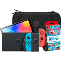 Afbeelding van een Nintendo Switch OLED Blauw/Rood + Nintendo Switch Sports + BlueBuilt Beschermhoes