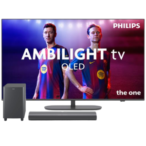 Afbeelding van een Philips 55pus9000 4k Qled Ambilight Tv 55" (2025) + Tab6100 Soundbar Met Wireless Subwoofer Tv-bundel