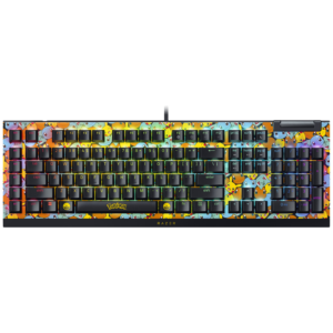 Afbeelding van een Razer Blackwidow V4 X (green Switch) - pokémon kanto starters Ed. - Us Layout Bedraad Gamingtoetsenbord Zwart / Pokemon Kanto