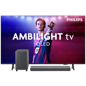 Afbeelding van een Philips 75pus8500 4k Qled Ambilight Tv 75" Xxl (2025) + Tab6100 Soundbar Met Wireless Subwoofer Tv-bundel
