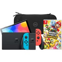 Afbeelding van een Nintendo Switch OLED Blauw/Rood + Mario Party Jamboree + BlueBuilt Beschermhoes
