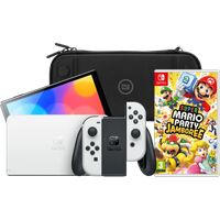 Afbeelding van een Nintendo Switch OLED Wit + Mario Party Jamboree + BlueBuilt Beschermhoes