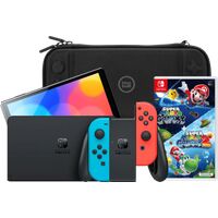 Afbeelding van een Nintendo Switch OLED Blauw/Rood + Super Mario Galaxy 1+2 + BlueBuilt Beschermhoes