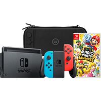 Afbeelding van een Nintendo Switch Rood/Blauw + Mario Party Jamboree + BlueBuilt Beschermhoes